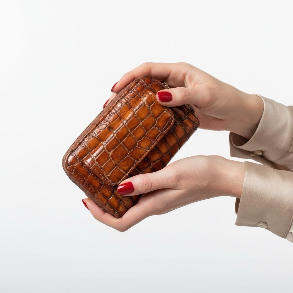 CROCODILE EMBOSSED WRISTLET WALLET BROWN ZIP AROUND WOMAN